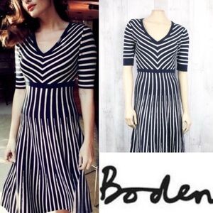 Boden Navy and White Striped Knit Fit & Flare Midi Dress